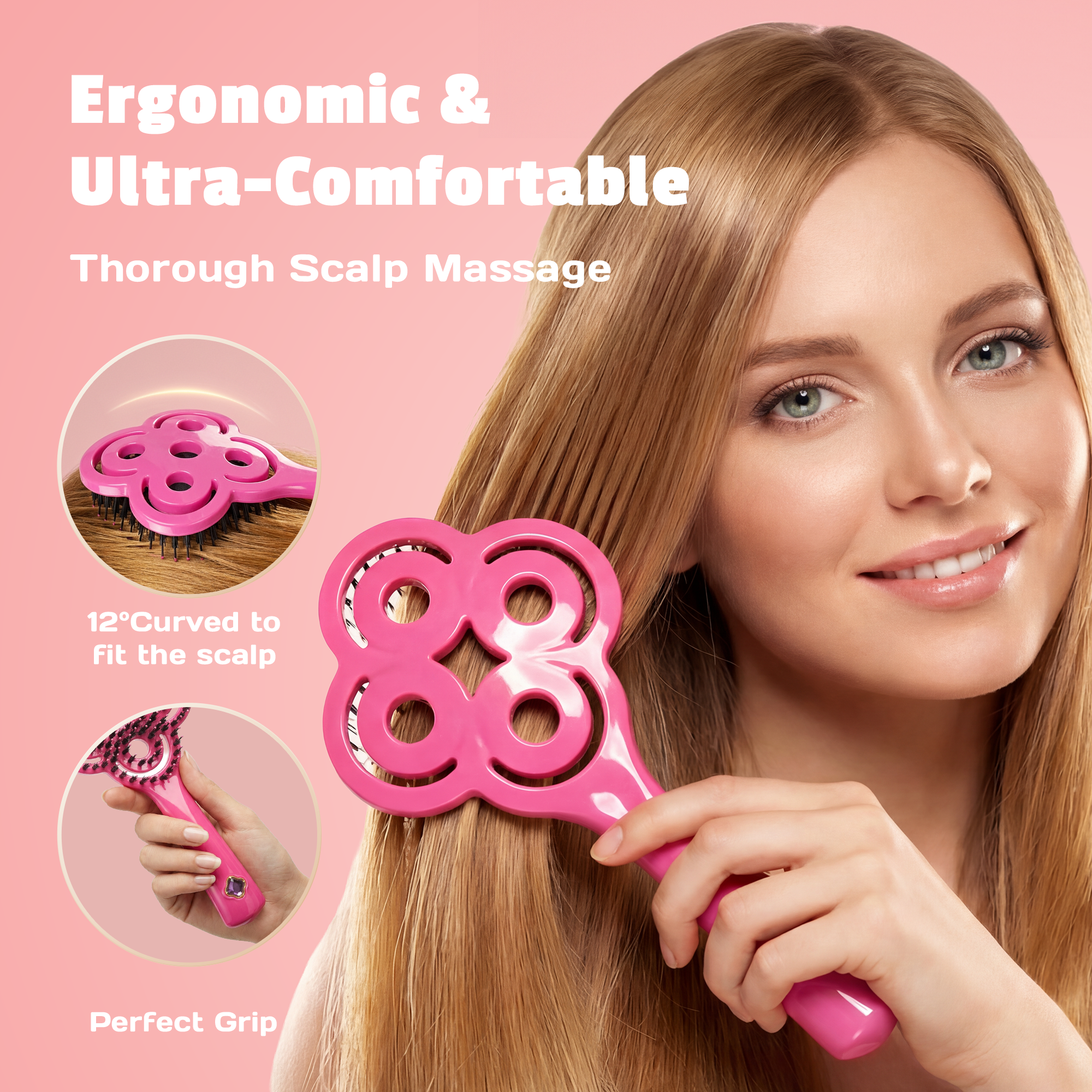 Simetra Lucky Rose Red Hair Brush Comb with Boar Bristles & 3 Crystal Colors