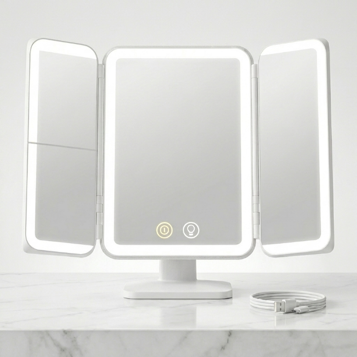 SIMETRA 15.6'' Rechargeable Makeup Mirror with Lights, 156 LED Magnification Vanity Mirror with 3 Colors Lights, 3000mAh Lighted Mirror, Touch Control Trifold Mirror for Women Travel Desk