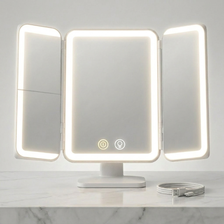 SIMETRA 15.6'' Rechargeable Makeup Mirror with Lights, 156 LED Magnification Vanity Mirror with 3 Colors Lights, 3000mAh Lighted Mirror, Touch Control Trifold Mirror for Women Travel Desk