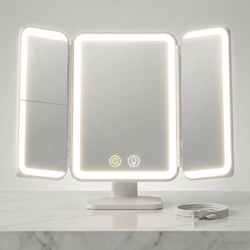 SIMETRA 15.6'' Rechargeable Makeup Mirror with Lights, 156 LED Magnification Vanity Mirror with 3 Colors Lights, 3000mAh Lighted Mirror, Touch Control Trifold Mirror for Women Travel Desk