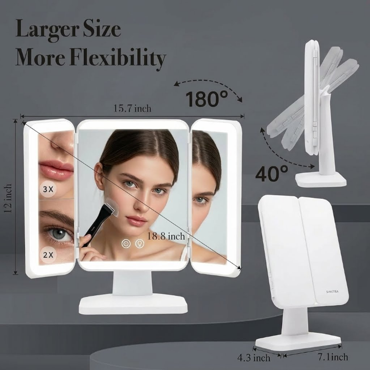 SIMETRA 15.6'' Rechargeable Makeup Mirror with Lights, 156 LED Magnification Vanity Mirror with 3 Colors Lights, 3000mAh Lighted Mirror, Touch Control Trifold Mirror for Women Travel Desk