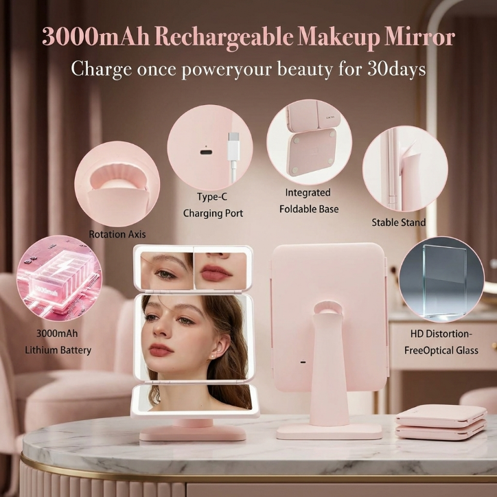 SIMETRA 15.6'' Rechargeable Makeup Mirror with Lights, 156 LED Magnification Vanity Mirror with 3 Colors Lights, 3000mAh Lighted Mirror, Touch Control Trifold Mirror for Women Travel Desk
