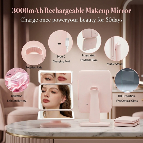 SIMETRA 15.6'' Rechargeable Makeup Mirror with Lights, 156 LED Magnification Vanity Mirror with 3 Colors Lights, 3000mAh Lighted Mirror, Touch Control Trifold Mirror for Women Travel Desk