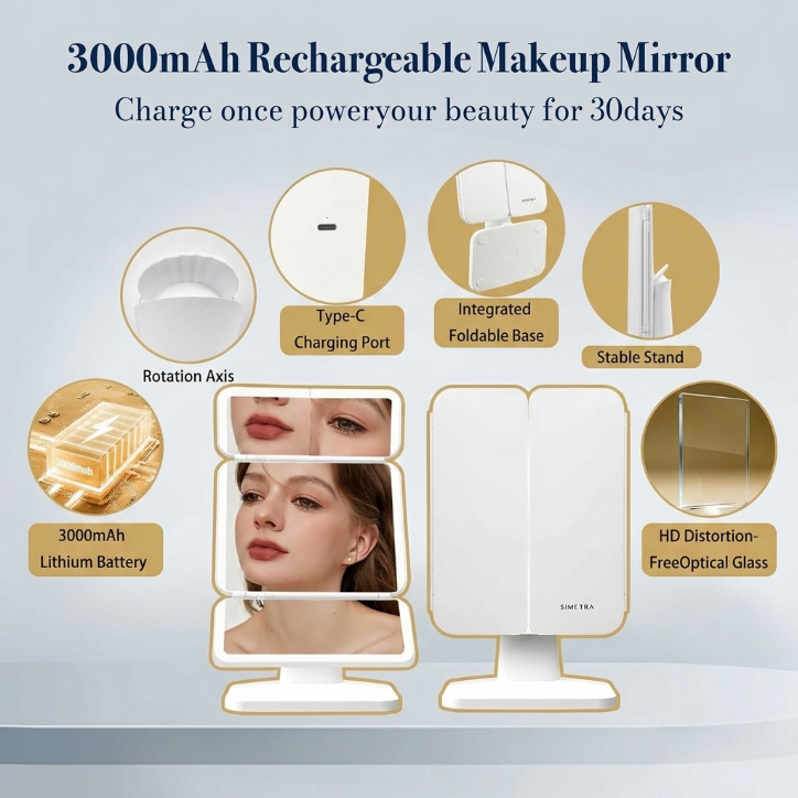 SIMETRA 15.6'' Rechargeable Makeup Mirror with Lights, 156 LED Magnification Vanity Mirror with 3 Colors Lights, 3000mAh Lighted Mirror, Touch Control Trifold Mirror for Women Travel Desk
