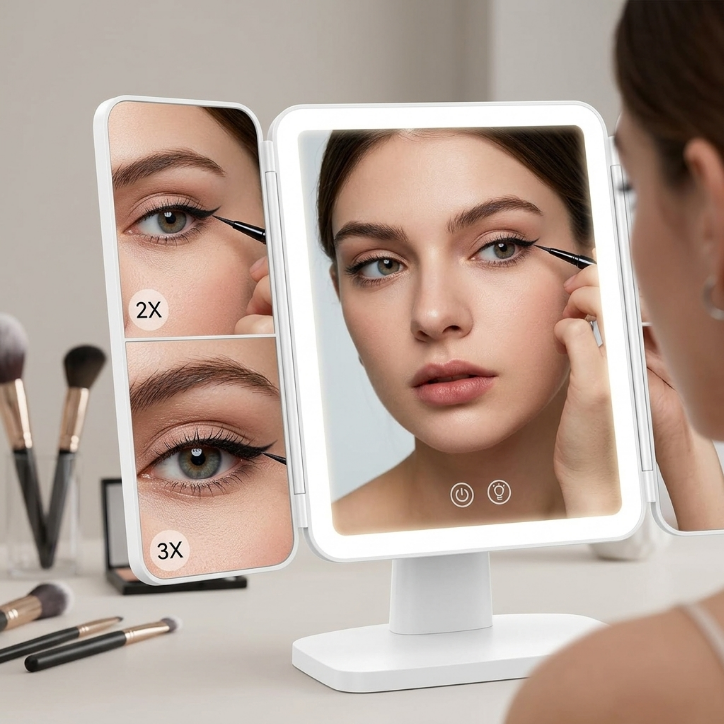 SIMETRA 15.6'' Rechargeable Makeup Mirror with Lights, 156 LED Magnification Vanity Mirror with 3 Colors Lights, 3000mAh Lighted Mirror, Touch Control Trifold Mirror for Women Travel Desk