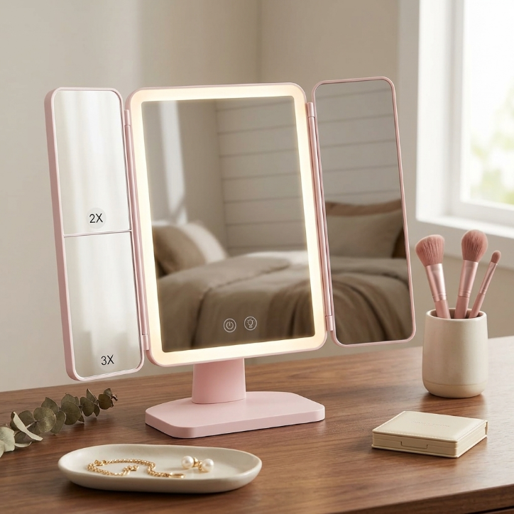 SIMETRA 15.6'' Rechargeable Makeup Mirror with Lights, 156 LED Magnification Vanity Mirror with 3 Colors Lights, 3000mAh Lighted Mirror, Touch Control Trifold Mirror for Women Travel Desk