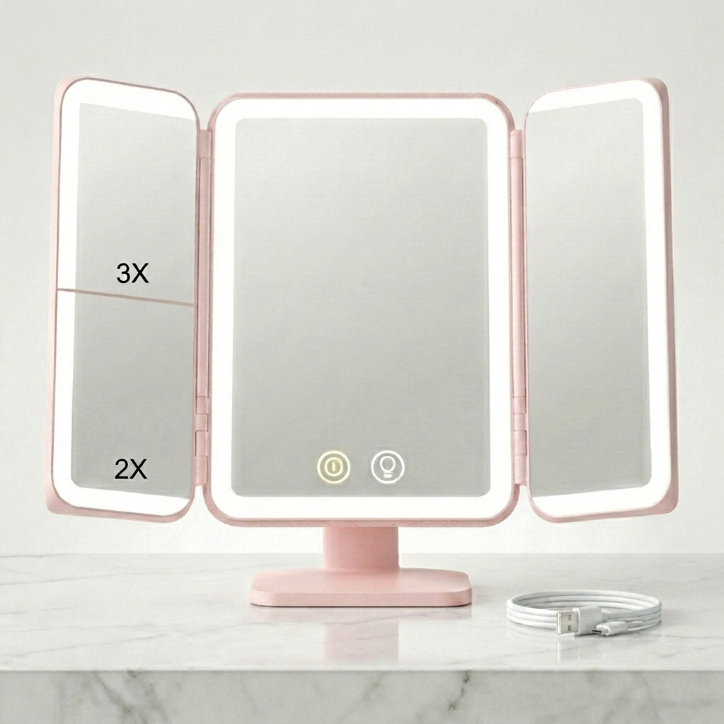 SIMETRA 15.6'' Rechargeable Makeup Mirror with Lights, 156 LED Magnification Vanity Mirror with 3 Colors Lights, 3000mAh Lighted Mirror, Touch Control Trifold Mirror for Women Travel Desk