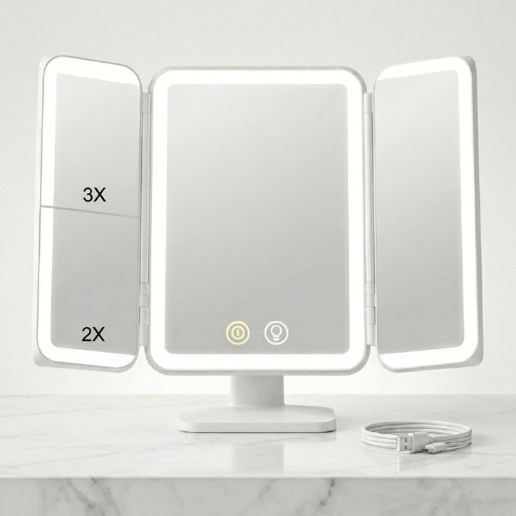 SIMETRA 15.6'' Rechargeable Makeup Mirror with Lights, 156 LED Magnification Vanity Mirror with 3 Colors Lights, 3000mAh Lighted Mirror, Touch Control Trifold Mirror for Women Travel Desk