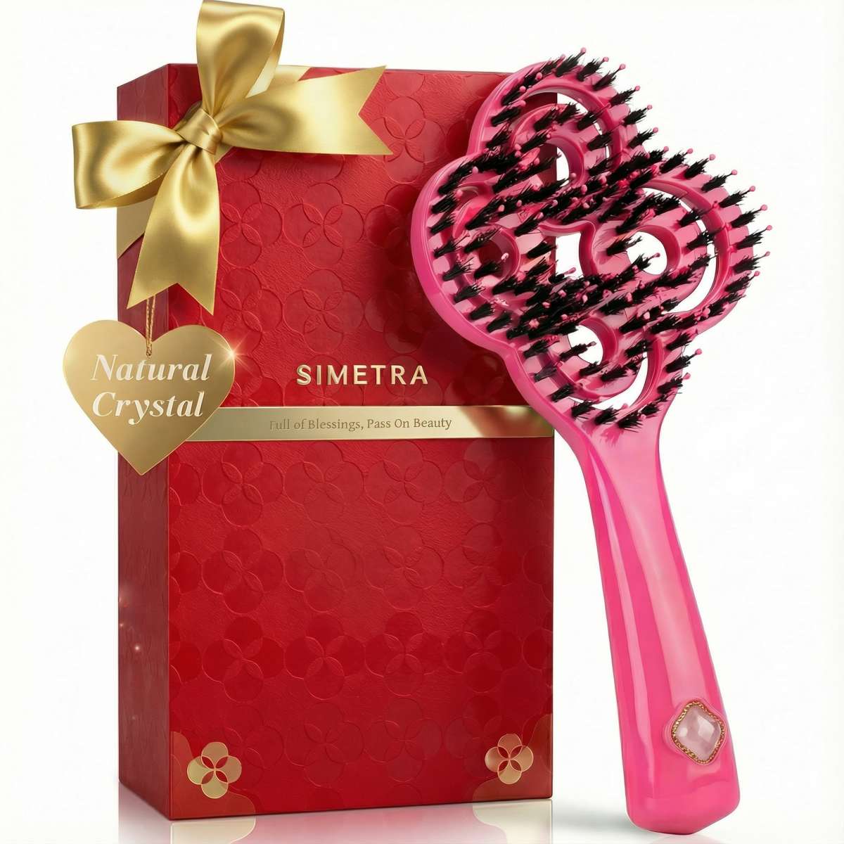 Simetra Lucky Rose Red Hair Brush Comb with Boar Bristles & 3 Crystal Colors